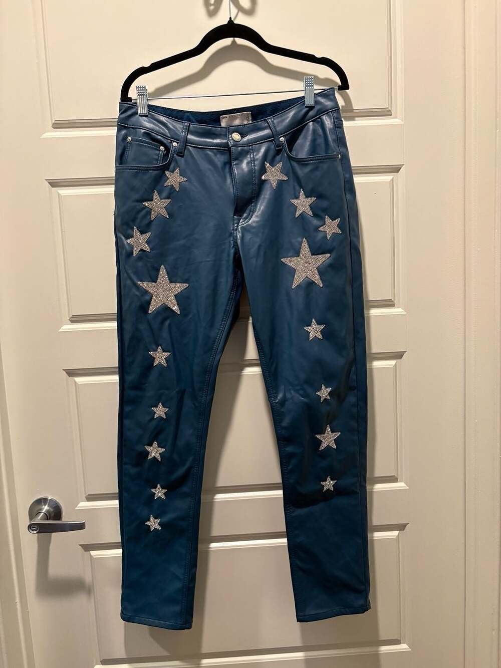 ASOS Design Faux Leather Pants Size 32x30 Blue Rhinestone Stars